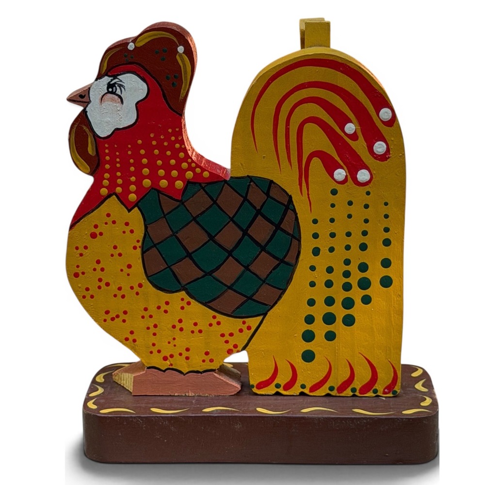 Vintage Hand Painted Wood Rooster Figure Folk Art Farmhouse Decor Freestanding